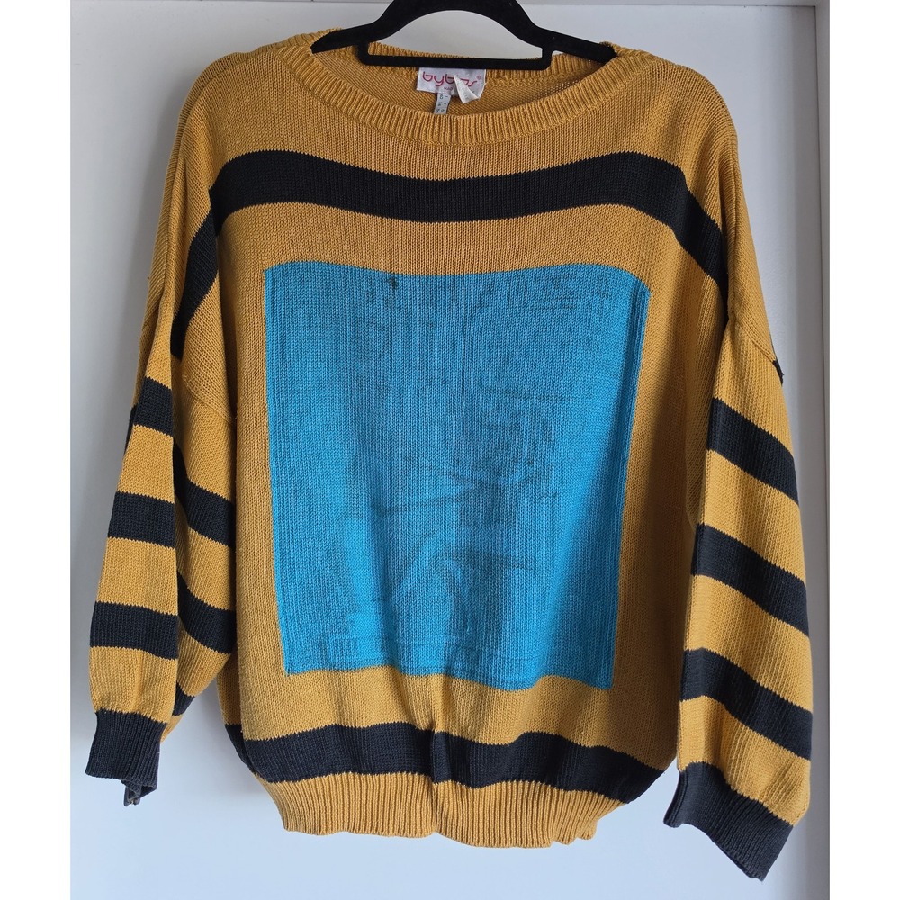 Byblos Italy Women Striped Cotton Crew Neck Sweater Yellow Black Blue Vintage